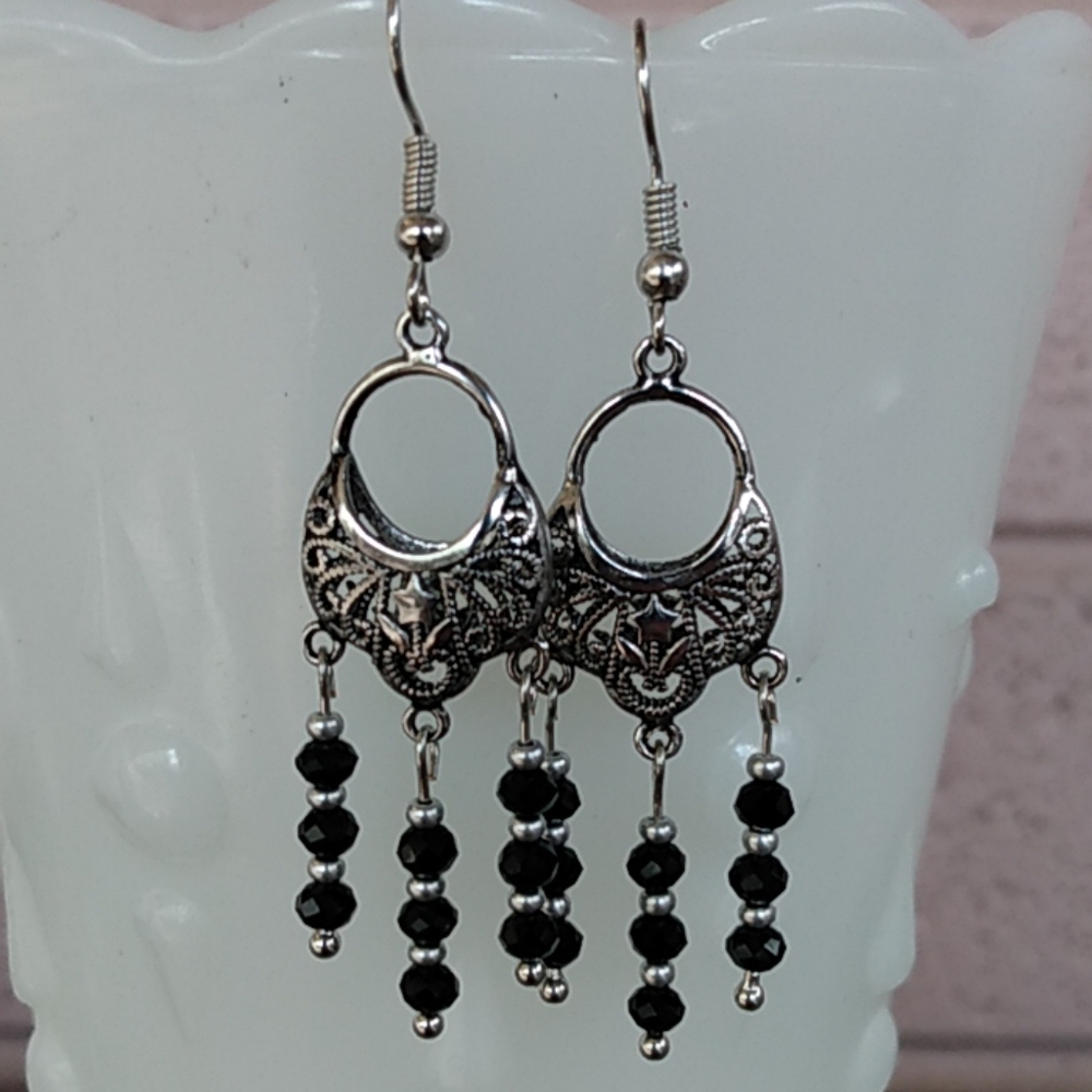 Black Crystal and Silver Bead Puff Dangle earrings